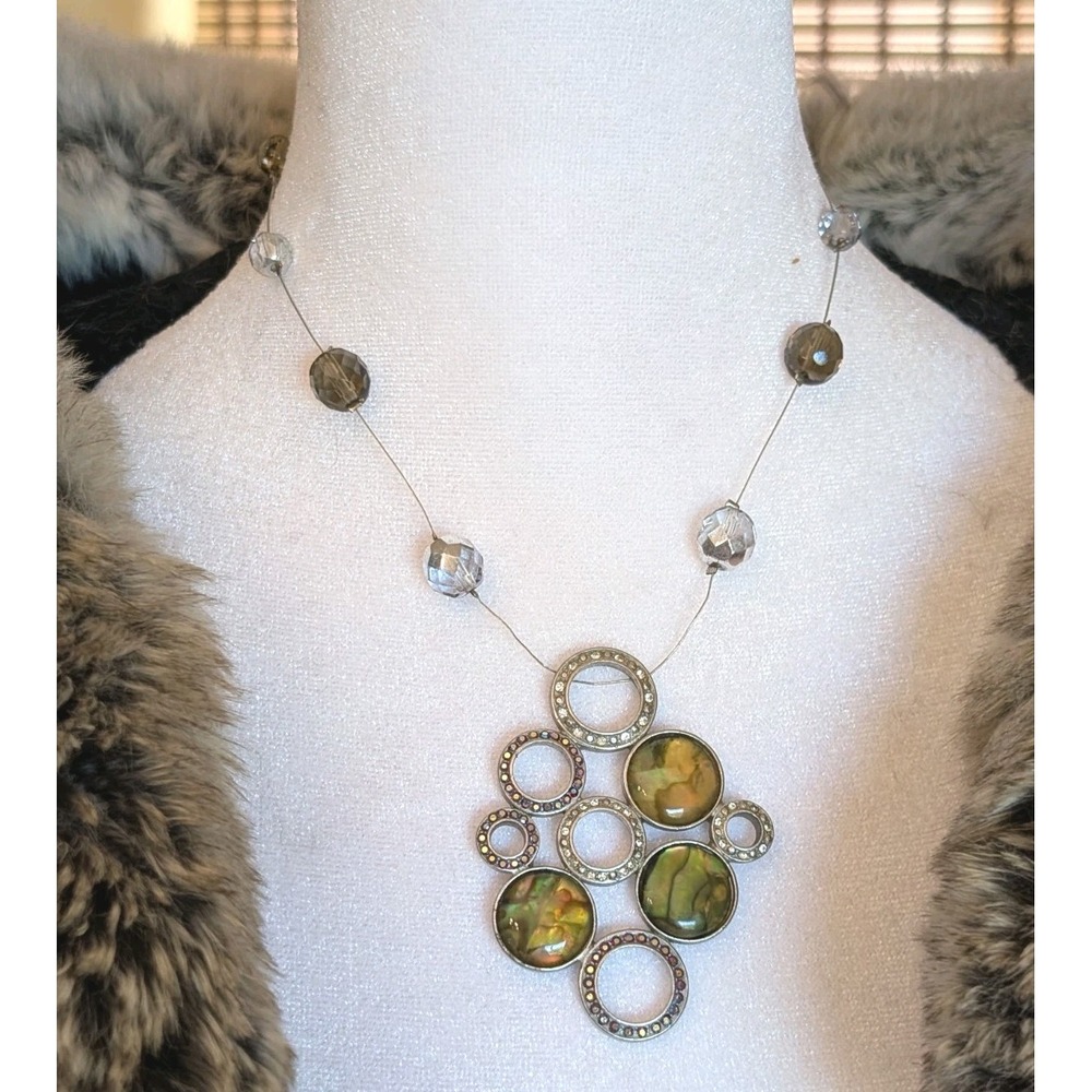 Abalone Shell Pendant‎ Necklace Statement Rhinestone Circle Modern Costume...